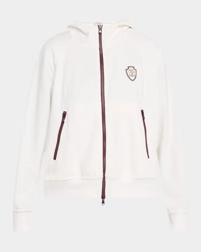 Brunello Cucinelli Logo Crest Piquet Fleece Hooded Jacket In White
