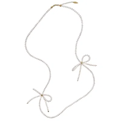 Farra Women's White Freshwater Pearls Crafted Butterfly Knot Long Necklace