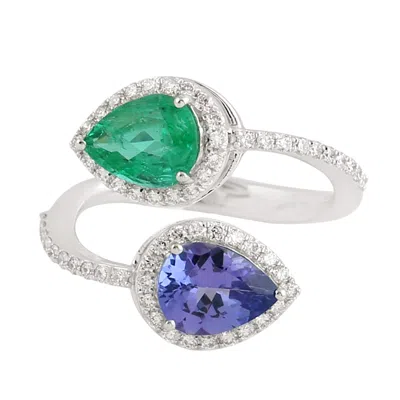 Artisan Women's Blue / Green / White Pear Tanzanite & Emerald Gemstone Diamond Bypass Ring In White Gold