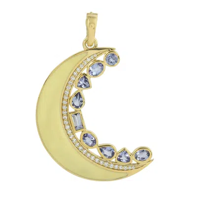 Artisan Women's Blue / Yellow / Orange Natural Tanzanite & Diamond Crescent Moon Enamel Pendant In Gold
