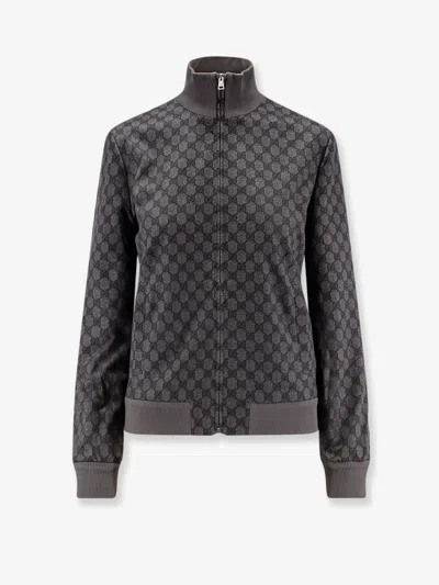 Gucci Grey Sweatshirt With High Neck And All-over Gg Print In Tech Fabric Woman In Gray