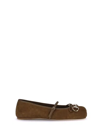 Gucci Beige Ballet Shoes With Horsebit And Bow Detail In Gg Canvas Woman In Brown