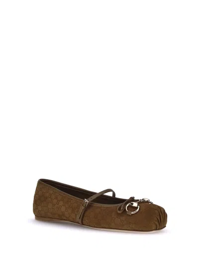 Gucci Beige Ballet Shoes With Horsebit And Bow Detail In Gg Canvas Woman In Brown