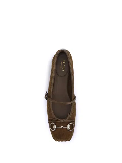 Gucci Beige Ballet Shoes With Horsebit And Bow Detail In Gg Canvas Woman In Brown