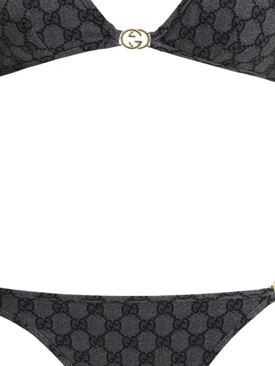Gucci Gg Pattern Halter Neck Triangle Top Swimsuit In Black