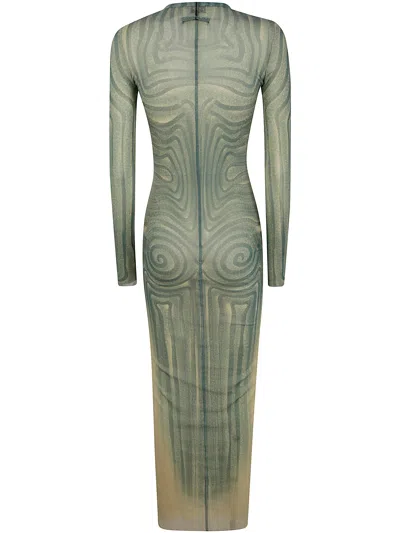 Jean Paul Gaultier Women Mesh Long Dress Printed "spiral" With Gathers In Green