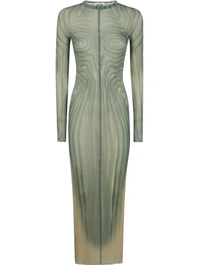 Jean Paul Gaultier Women Mesh Long Dress Printed "spiral" With Gathers In Green
