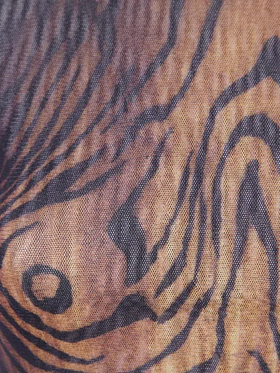 Jean Paul Gaultier Top Long Sleeves Mesh Printed Wood Woman Black And Brown In Brown
