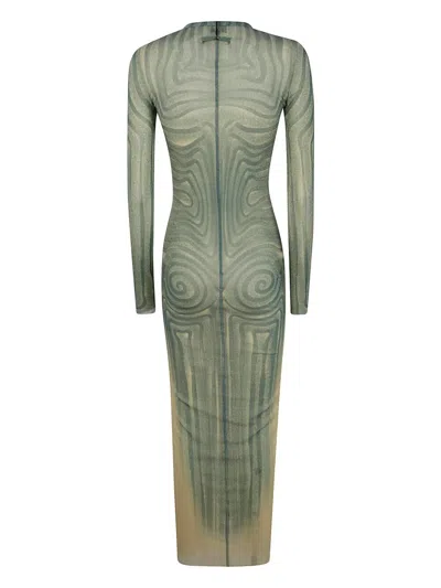 Jean Paul Gaultier Women Mesh Long Dress Printed "spiral" With Gathers In Green