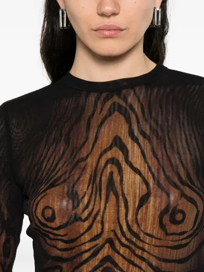 Jean Paul Gaultier Top Long Sleeves Mesh Printed Wood Woman Black And Brown In Brown