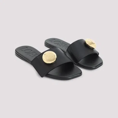 Loewe Elegant Black Calf Leather Sandals With Gold Embellishment In Black