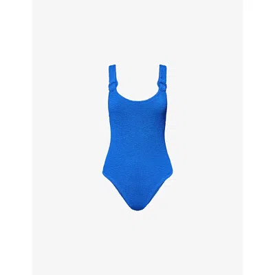 Hunza G Womens Royal Blue Domino Fabric Hoops Seersucker Swimsuit In Blue