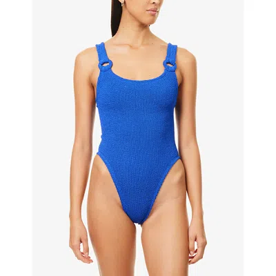 Hunza G Womens Royal Blue Domino Fabric Hoops Seersucker Swimsuit In Blue