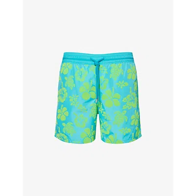 Vilebrequin Ultra-light And Packable Flocked Swim Shorts Tropical Turtle In Blue