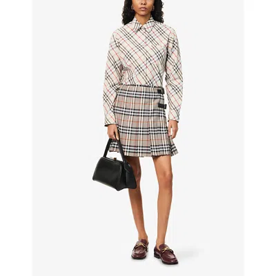 Burberry Womens Chipping Ip Check Check-print Curved-hem Cotton Shirt In White