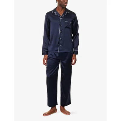 Derek Rose Mens Navy Bailey Piped Silk Pyjamas In Blue