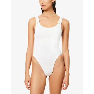 Hunza G Womens White Domino Pearly-hoops Seersucker Swimsuit In White