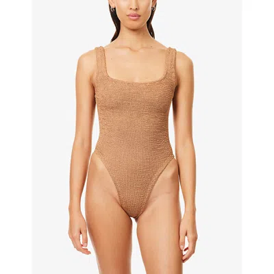 Hunza G Womens Metallic Coco Square-neck Seersucker Swimsuit In Brown