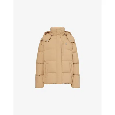 Polo Ralph Lauren Womens Classic Camel Hooded Quilted Woven-down Jacket