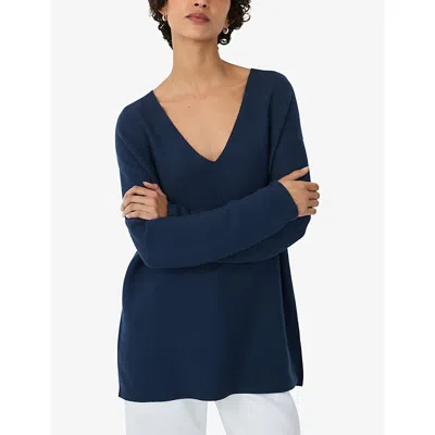 The White Company S Deep Water V-neck Button-down Textured Cotton Jumper In Blue