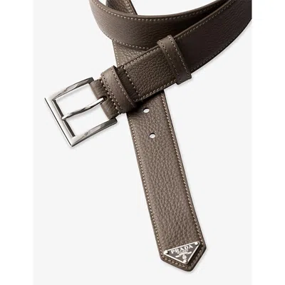 Prada Mens Grey Brand-plaque Leather Belt