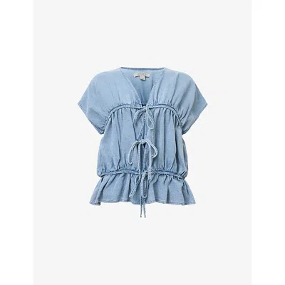 Allsaints Womens Light Blue Remy V-neck Gathered-front Cotton And Linen-blend Top In Blue