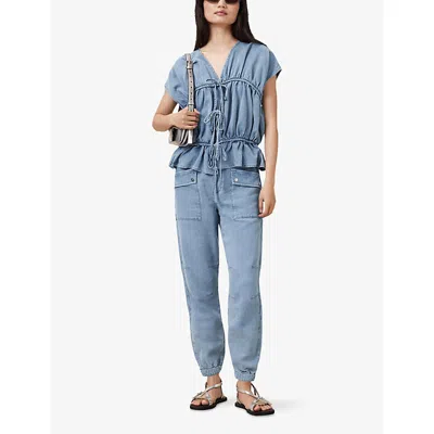 Allsaints Womens Light Blue Remy V-neck Gathered-front Cotton And Linen-blend Top In Blue