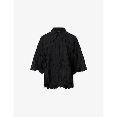Allsaints Womens Black Charli Floral-embroidered Woven Shirt In Black