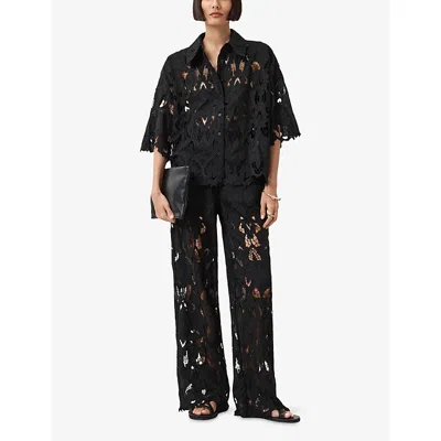 Allsaints Womens Black Charli Floral-embroidered Woven Shirt In Black