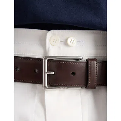 Prada Mens Brown Brand-engraved Antiqued Leather Belt