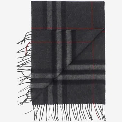 Burberry Grey Rectangular Scarf With Check Motif All-over And Fringed Hem In Cashmere Woman In Gray