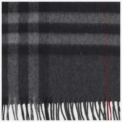 Burberry Grey Rectangular Scarf With Check Motif All-over And Fringed Hem In Cashmere Woman In Gray