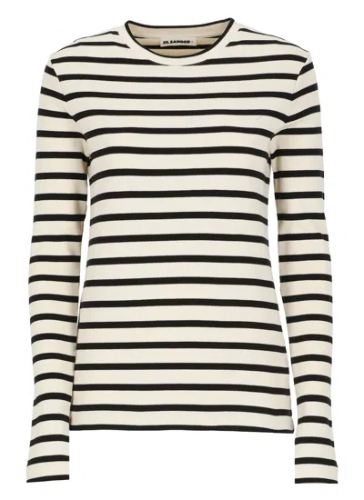 Jil Sander Fine Ribbed Off-white And Black Crew Neck Sweater In White