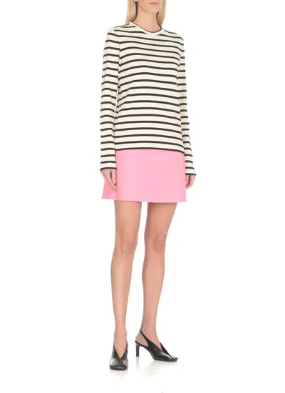 Jil Sander Fine Ribbed Off-white And Black Crew Neck Sweater In White