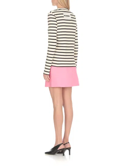 Jil Sander Fine Ribbed Off-white And Black Crew Neck Sweater In White
