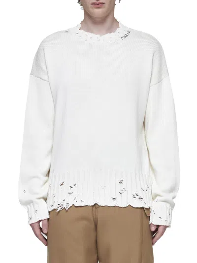 Marni Distressed Crewneck Knitted Jumper In White