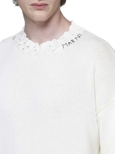 Marni Distressed Crewneck Knitted Jumper In White