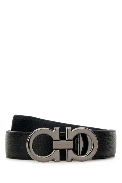 Ferragamo Adjustable Reversible Leather Belt With Textured Finish In Black