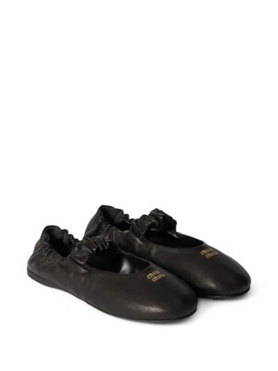 Miu Miu Ruched Nappa Leather Ballet Flats In Black