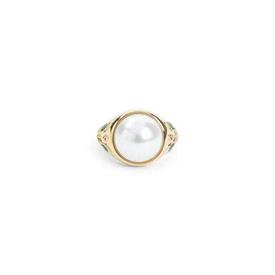 Casablanca Pearl Signet Ring Laurel Detailing In Gold