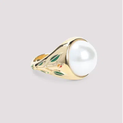Casablanca Pearl Signet Ring Laurel Detailing In Gold