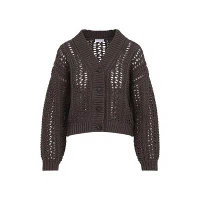 Brunello Cucinelli Cropped Open-knit Cardigan With Deep V-neckline In Brown