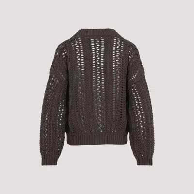Brunello Cucinelli Cropped Open-knit Cardigan With Deep V-neckline In Brown