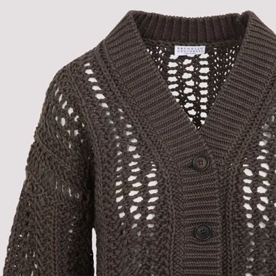 Brunello Cucinelli Cropped Open-knit Cardigan With Deep V-neckline In Brown
