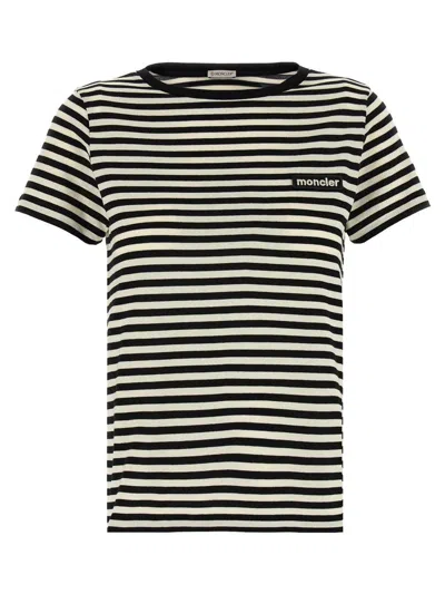 Moncler Black And White T-shirt With All-over Striped Motif And Logo Patch On The Chest In Cotton Wo