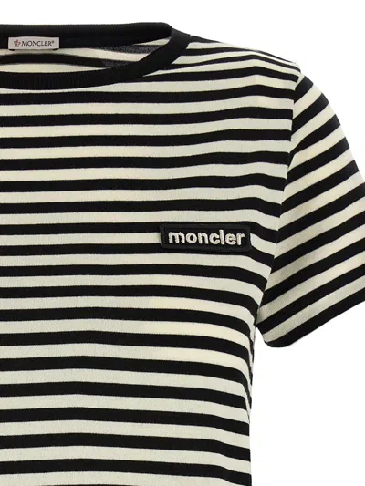 Moncler Black And White T-shirt With All-over Striped Motif And Logo Patch On The Chest In Cotton Wo
