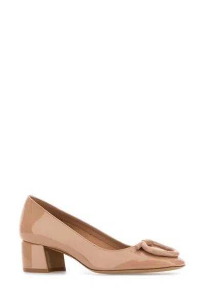 Ferragamo Leather Mara 40 Pumps With Block Heel In Nude