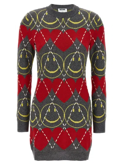 Moschino Crew Neck Long Sleeve Graphic Dress In Multi