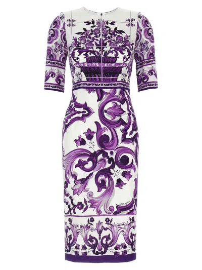 Dolce & Gabbana Violet Crewneck Dress With Rear Zip Closure And All-over Floral Print In Silk Stretch Woman In Purple