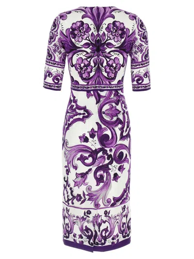 Dolce & Gabbana Violet Crewneck Dress With Rear Zip Closure And All-over Floral Print In Silk Stretch Woman In Purple
